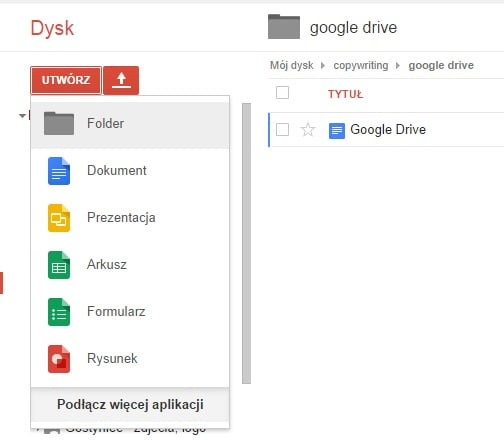 Google Drive - tworzenie nowego folderu i pliku