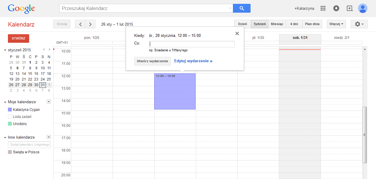 Kalendarz Google - widok