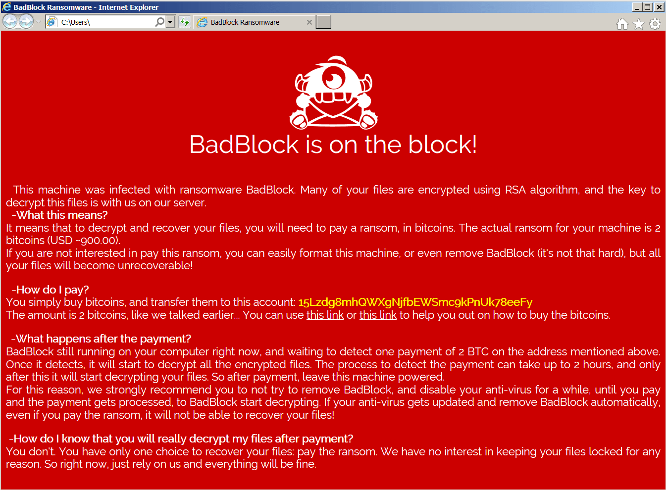 Drugie przykładowe okno żądania okupu BadBlock
